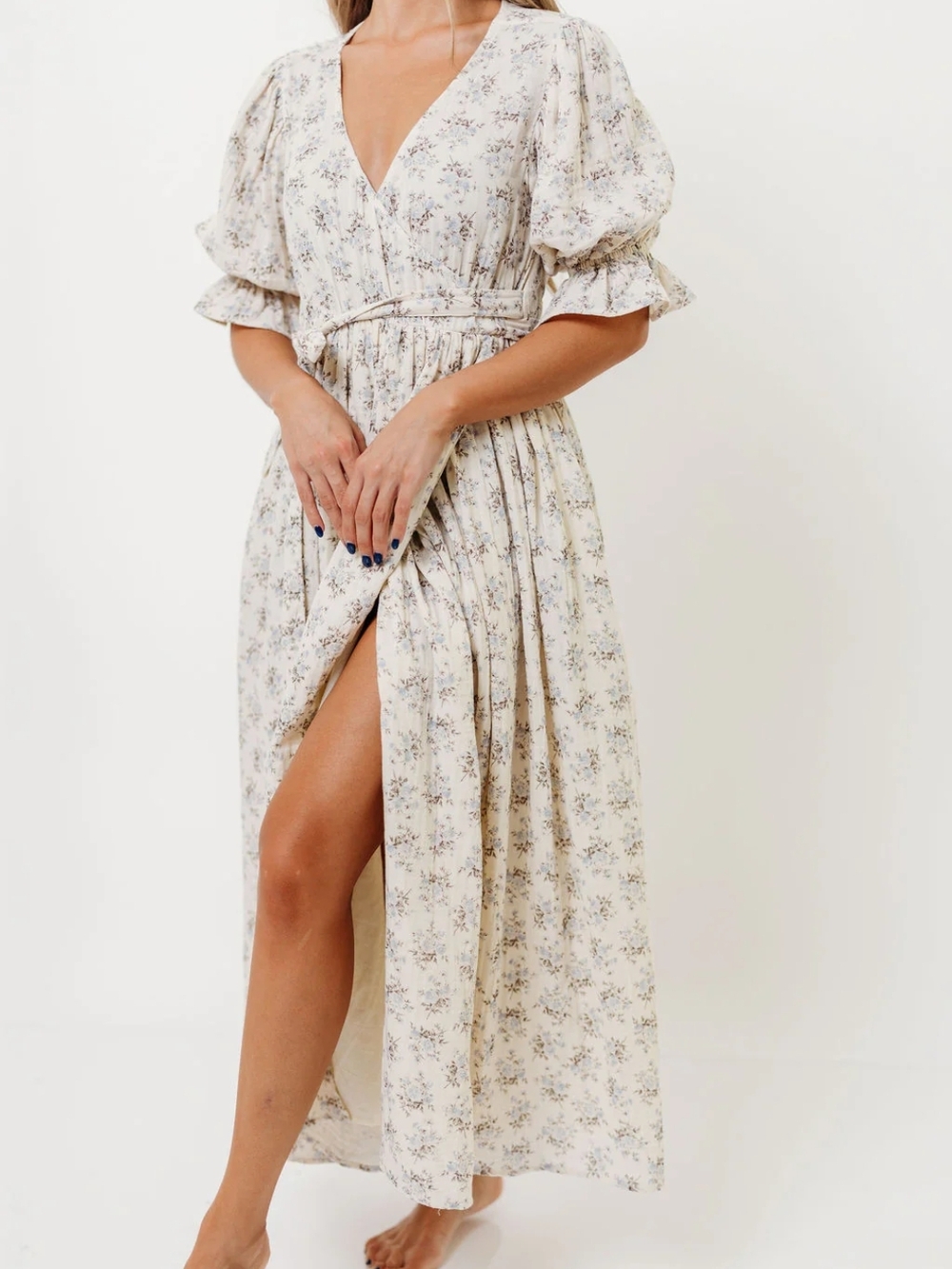 Floral V-Neck Maxi Dress with Puff Sleeves - Cream - Picture 2 of 3
